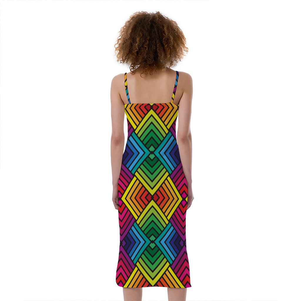 Geometric Rainbow Pattern Print Slim Fit Midi Cami Dress