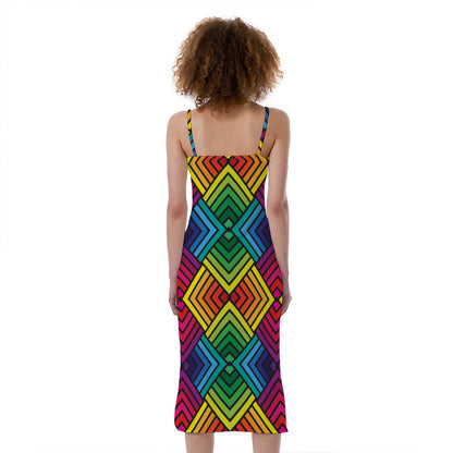 Geometric Rainbow Pattern Print Slim Fit Midi Cami Dress