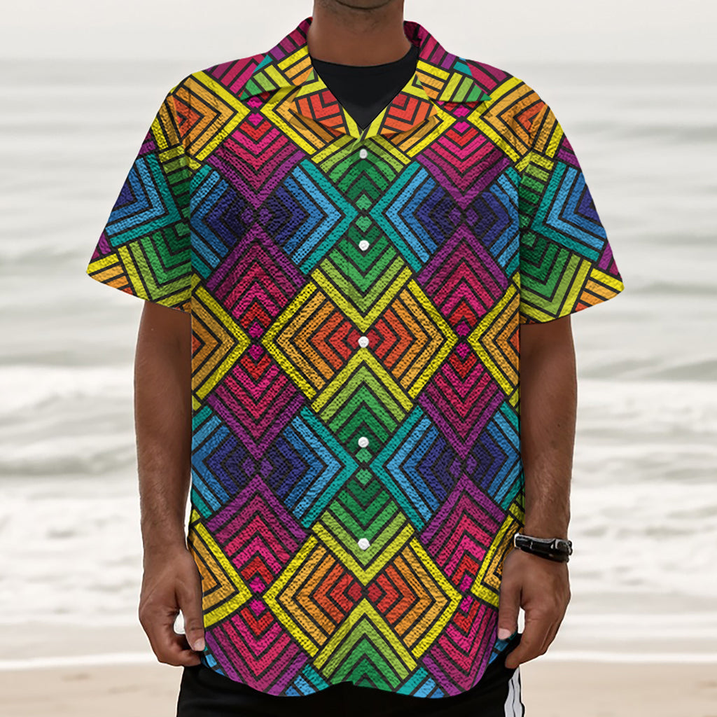 Geometric Rainbow Pattern Print Textured Short Sleeve Shirt
