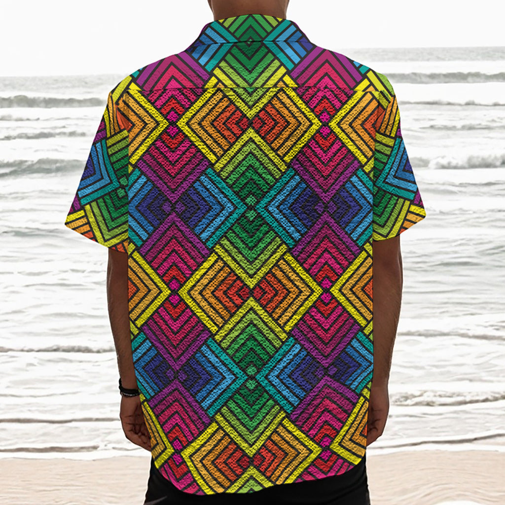 Geometric Rainbow Pattern Print Textured Short Sleeve Shirt