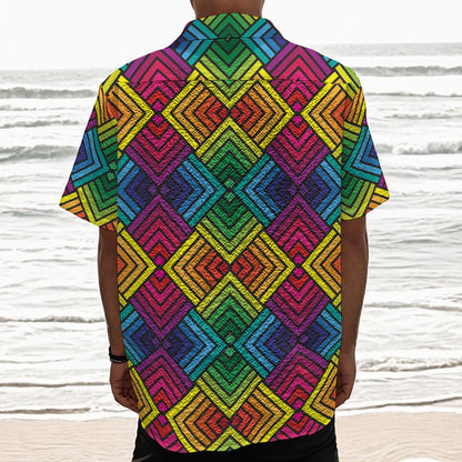 Geometric Rainbow Pattern Print Textured Short Sleeve Shirt