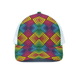 Geometric Rainbow Pattern Print White Mesh Trucker Cap
