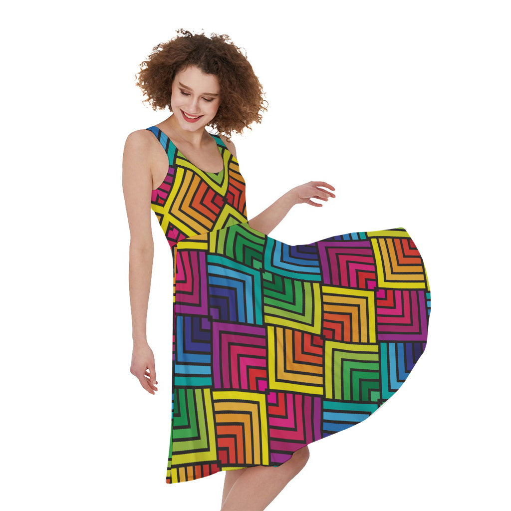 Geometric Rainbow Pattern Print Women's Sleeveless Dress