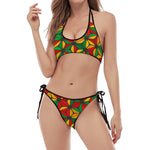 Geometric Reggae Pattern Print Halter Scoop Tie Side Bikini
