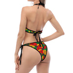 Geometric Reggae Pattern Print Halter Scoop Tie Side Bikini