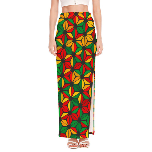 Geometric Reggae Pattern Print High Slit Maxi Skirt