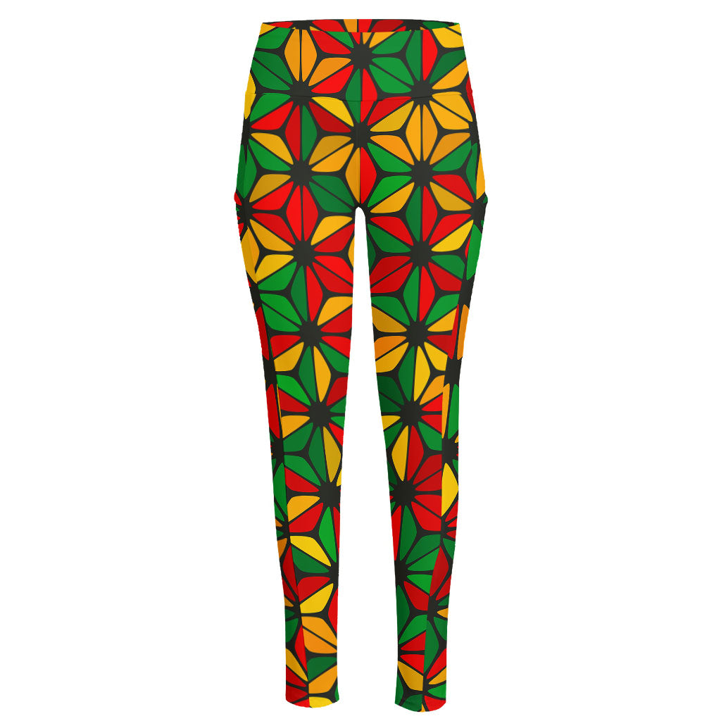 Geometric Reggae Pattern Print High-Waisted Pocket Leggings