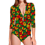 Geometric Reggae Pattern Print Long Sleeve Swimsuit
