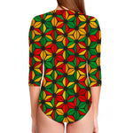 Geometric Reggae Pattern Print Long Sleeve Swimsuit