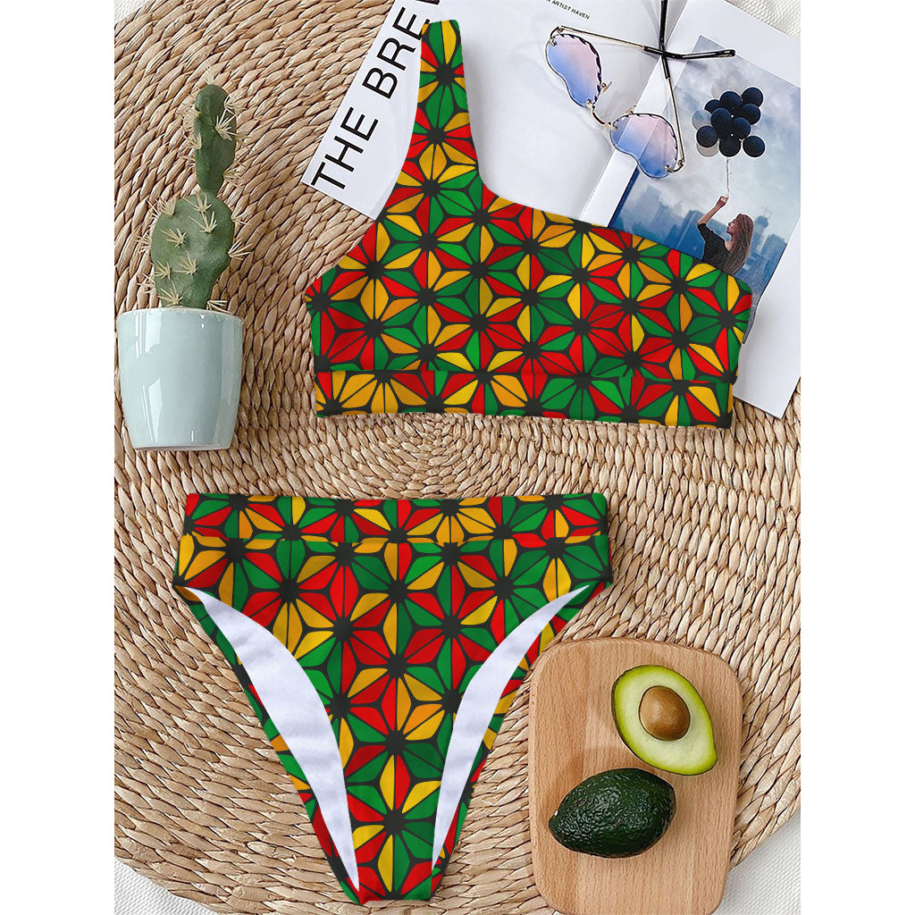 Geometric Reggae Pattern Print One Shoulder Bikini Top