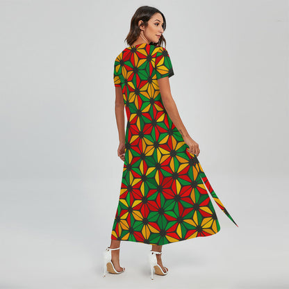 Geometric Reggae Pattern Print Short Sleeve Maxi Dress