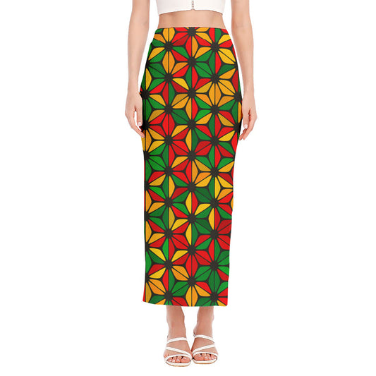 Geometric Reggae Pattern Print Side Slit Maxi Skirt