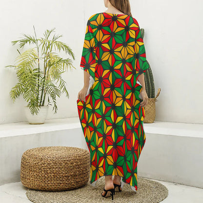 Geometric Reggae Pattern Print Silk V-Neck Kaftan Dress