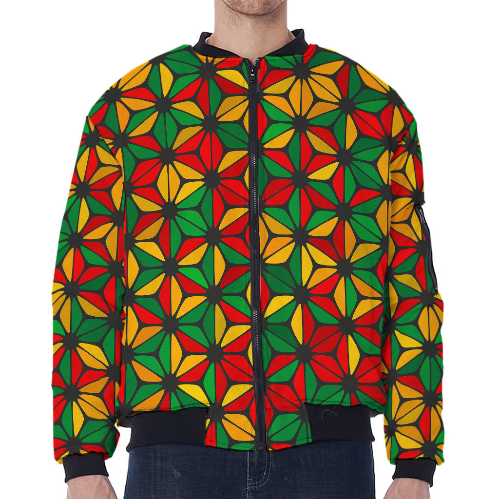 Geometric Reggae Pattern Print Zip Sleeve Bomber Jacket