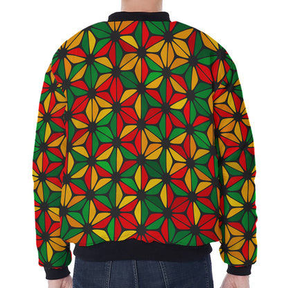 Geometric Reggae Pattern Print Zip Sleeve Bomber Jacket