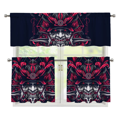 Geometric Samurai Mask Print 3 Piece Kitchen Curtains