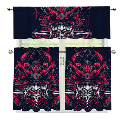 Geometric Samurai Mask Print 3 Piece Kitchen Curtains