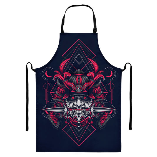 Geometric Samurai Mask Print Bib Apron With Pocket
