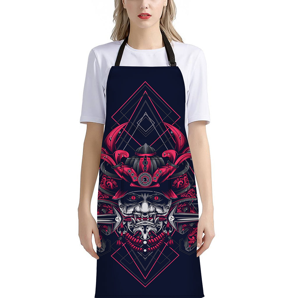 Geometric Samurai Mask Print Bib Apron With Pocket