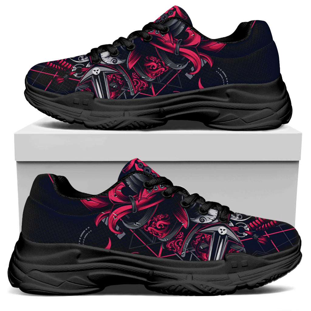Geometric Samurai Mask Print Black Chunky Shoes