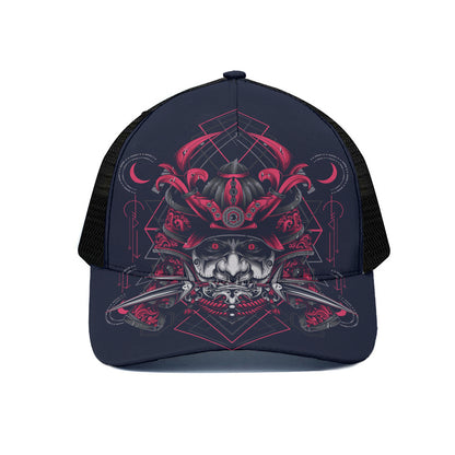 Geometric Samurai Mask Print Black Mesh Trucker Cap