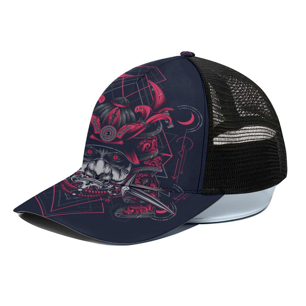 Geometric Samurai Mask Print Black Mesh Trucker Cap