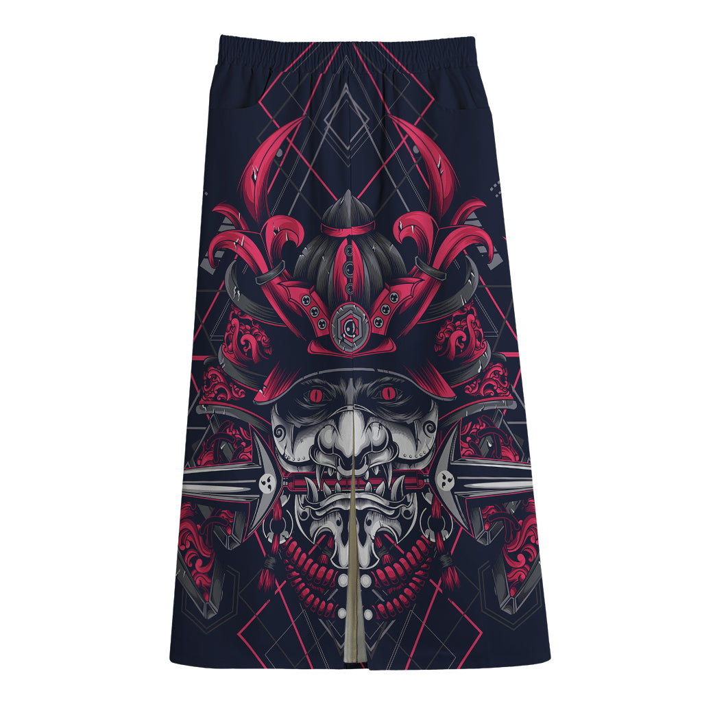 Geometric Samurai Mask Print Cotton Front Slit Maxi Skirt
