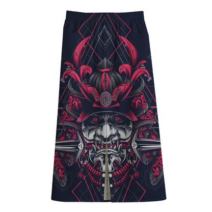 Geometric Samurai Mask Print Cotton Front Slit Maxi Skirt
