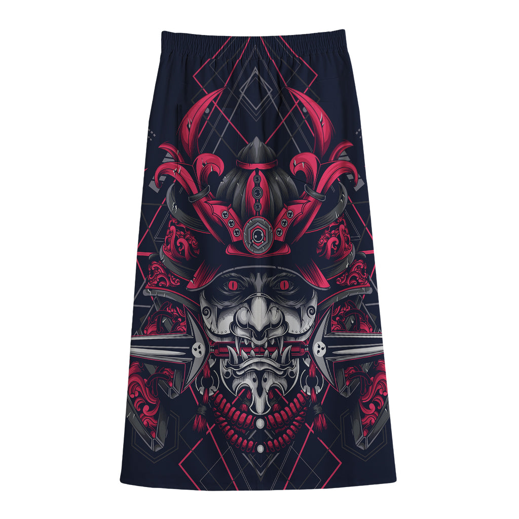 Geometric Samurai Mask Print Cotton Front Slit Maxi Skirt