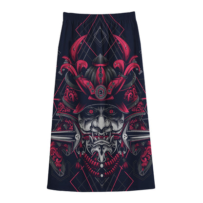 Geometric Samurai Mask Print Cotton Front Slit Maxi Skirt