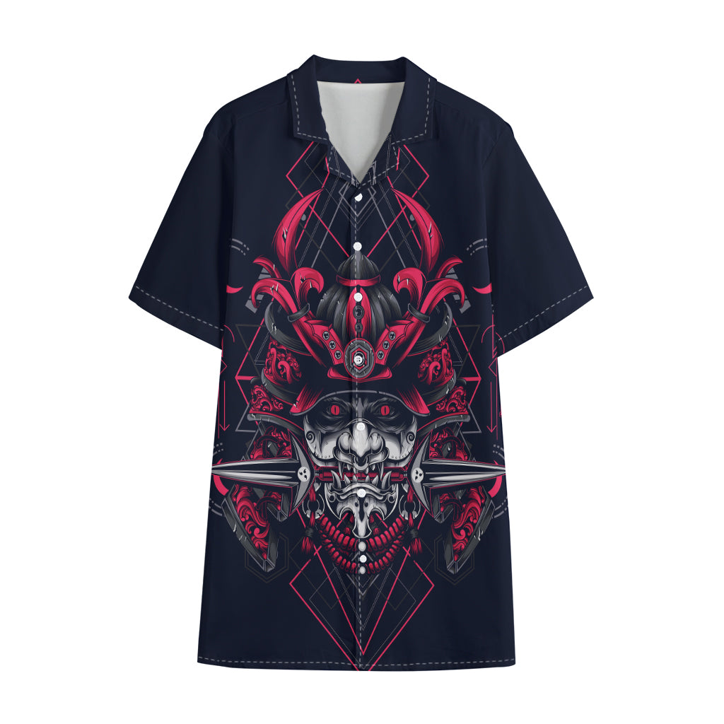 Geometric Samurai Mask Print Cotton Hawaiian Shirt