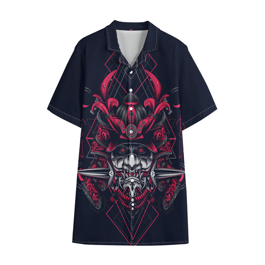 Geometric Samurai Mask Print Cotton Hawaiian Shirt
