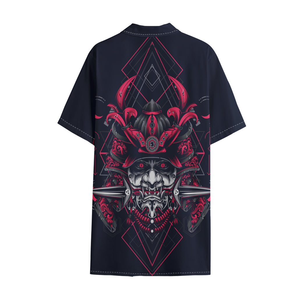 Geometric Samurai Mask Print Cotton Hawaiian Shirt