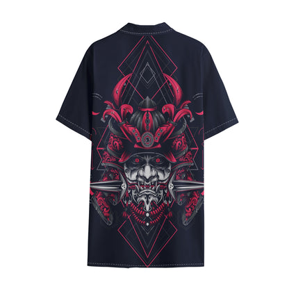 Geometric Samurai Mask Print Cotton Hawaiian Shirt