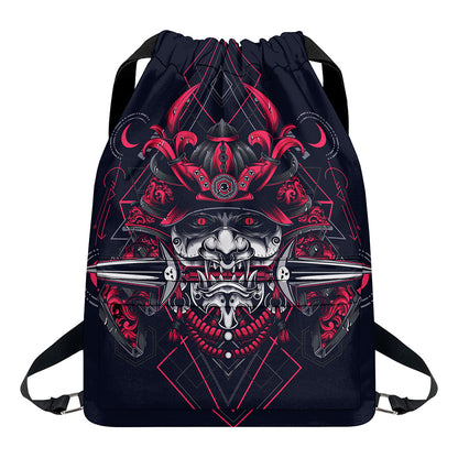 Geometric Samurai Mask Print Drawstring Backpack