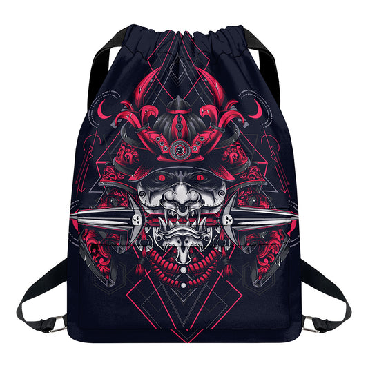 Geometric Samurai Mask Print Drawstring Backpack