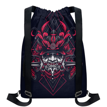 Geometric Samurai Mask Print Drawstring Backpack