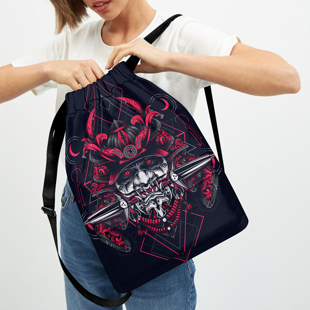 Geometric Samurai Mask Print Drawstring Backpack