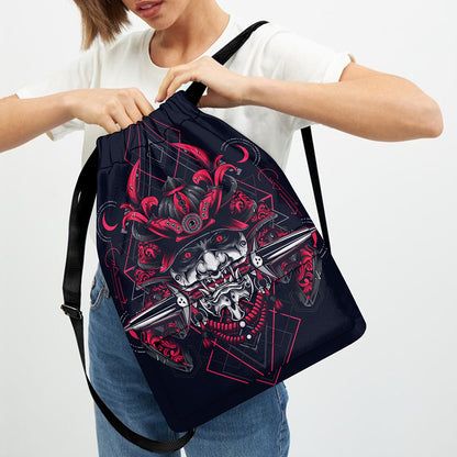 Geometric Samurai Mask Print Drawstring Backpack