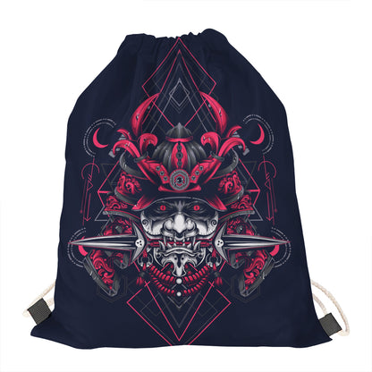 Geometric Samurai Mask Print Drawstring Bag