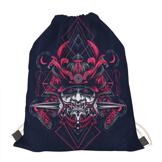 Geometric Samurai Mask Print Drawstring Bag