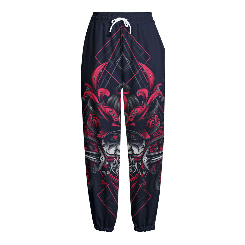 Geometric Samurai Mask Print Fleece Lined Knit Pants