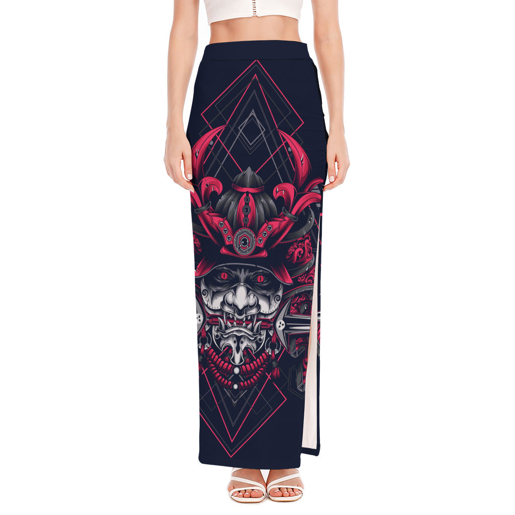 Geometric Samurai Mask Print High Slit Maxi Skirt