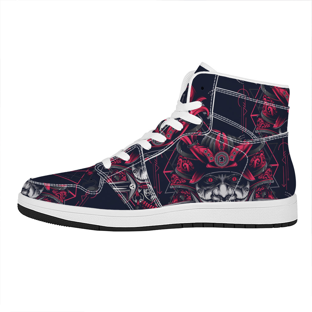 Geometric Samurai Mask Print High Top Leather Sneakers