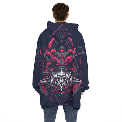 Geometric Samurai Mask Print Hoodie Blanket