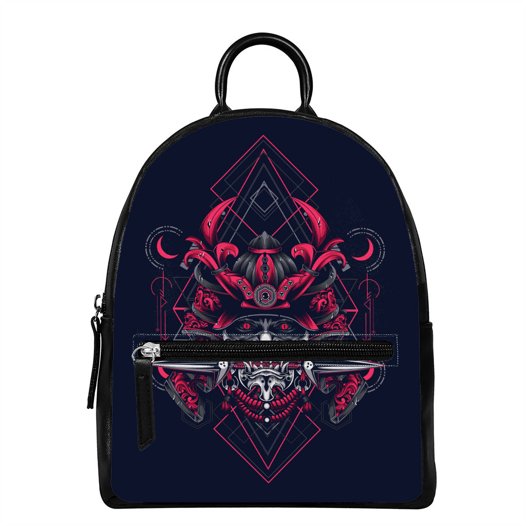 Geometric Samurai Mask Print Leather Backpack