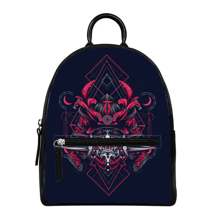Geometric Samurai Mask Print Leather Backpack