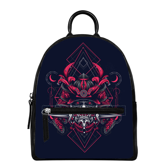 Geometric Samurai Mask Print Leather Backpack