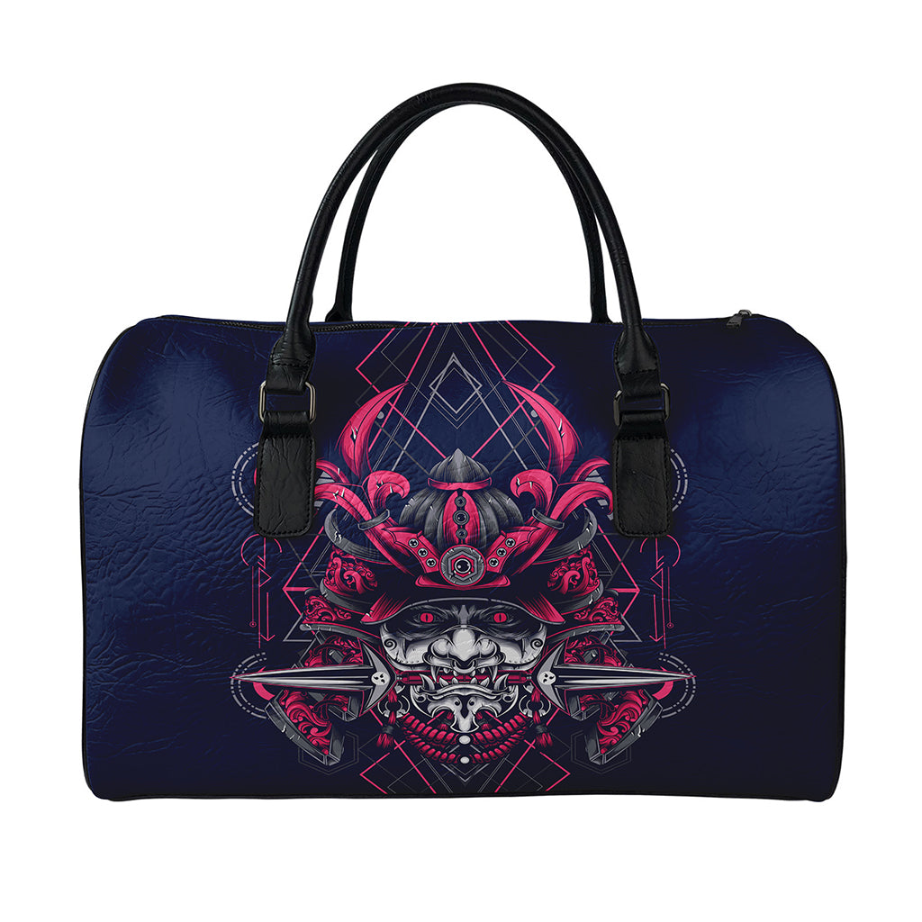 Geometric Samurai Mask Print Leather Duffle Bag