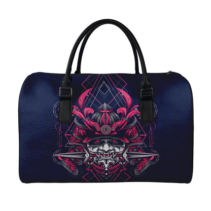 Geometric Samurai Mask Print Leather Duffle Bag
